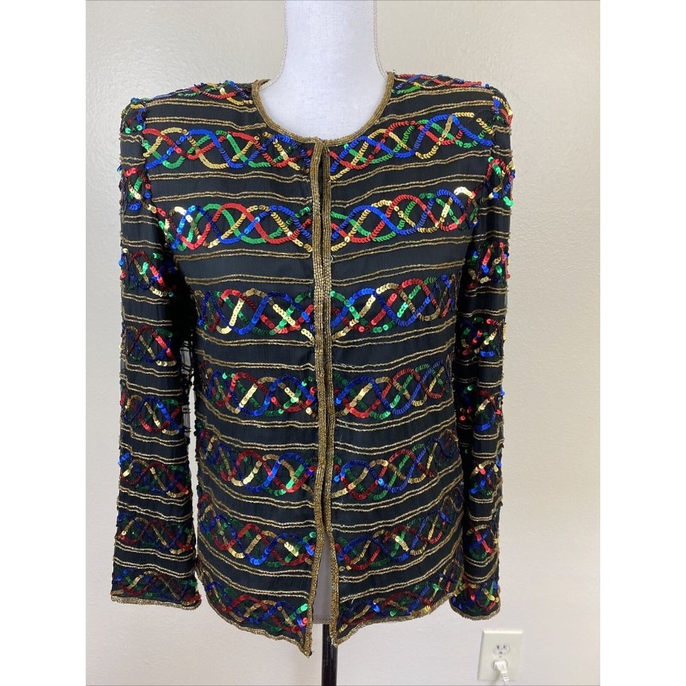 NWT Laurence Kazar Sequined Blouse Black w/Multicolor Sequins Hook Front PS